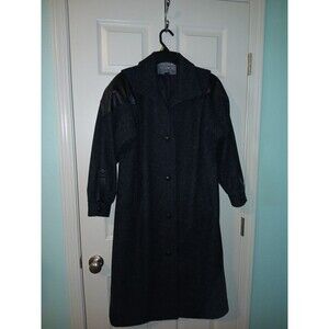 International Outerwear Wool  Blk Leather Accents Maxi VTG DusterTrench Womens 8